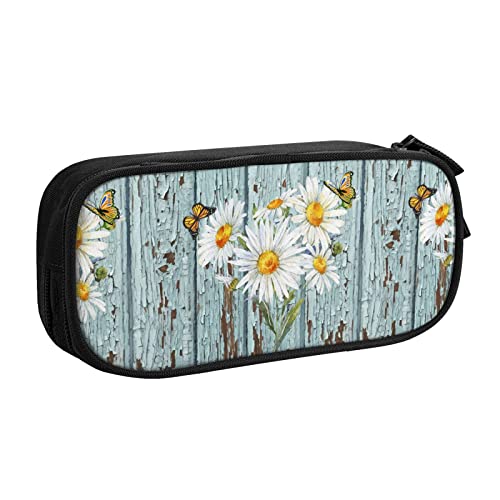 Federmäppchen Yellow Flowers Butterfly Wooden Plank Farmhouse Pencil Case Compartments Pen Pouch Box Multifunctional Makeup Bag Holder Large Storage Stationery Organizer with Zipper for Office Travel von FJAUOQ