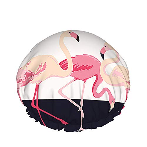 Flamingo-Duschkopfkappe, tropischer rosa Vogel in schwarz-weißen Streifen, Bademützen für Damen, Herren, Mädchen, langes Haar, groß, wasserdicht, wiederverwendbar von FJAUOQ