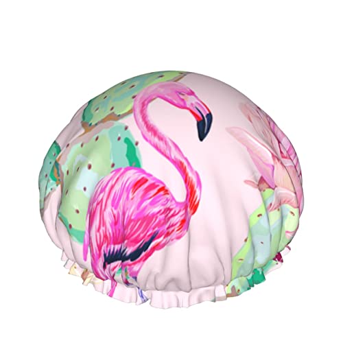 Flamingo-Kaktus-Duschhaube für Frauen, Schichten, Baden, Dusche, wiederverwendbar, elastisches Band, Stretch-Saum, Haarhut von FJAUOQ