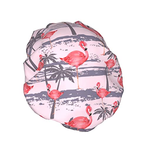 Flamingo Palm Art Pink Duschhaube für Damen,wasserdicht,wiederverwendbar,PEVA-Futter,verstellbarer elastischer Saum für alle langen Haare,Bademütze von FJAUOQ