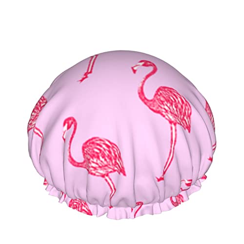 Frauen Wiederverwendbare Stretch Hem Haar Hut Rosa Flamingo Zusammen Doppelte Schichten Wasserdichte Duschhaube Badekappe von FJAUOQ