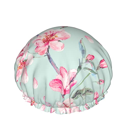 Frühling Rosa Blume Duschhaube Für Frauen, Schichten Baden Dusche Wiederverwendbare Elastische Band Stretch Hem Haar Hut von FJAUOQ