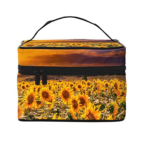 Make-up-Tasche mit Sonnenblumen-Sonnenuntergang für Frauen,Reise-Kosmetiktasche mit großem Fassungsvermögen,tragbarer Kulturbeutel mit Sonnenblumen-Motiv,Make-up-Beutel für Mädchen,niedliches Sch von FJAUOQ