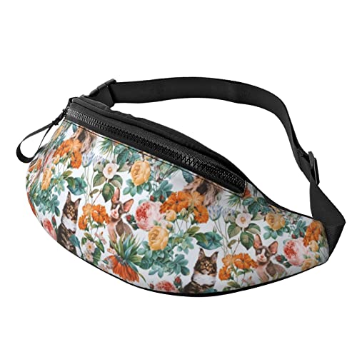 Hüfttasche mit Blumen- und Katzenmotiv, für Herren und Damen, Verstellbarer Gürtel, Sporttasche für Outdoor-Sport, Reisen und Radfahren, Fahrradtaschen-Schulterrucksack von FJAUOQ
