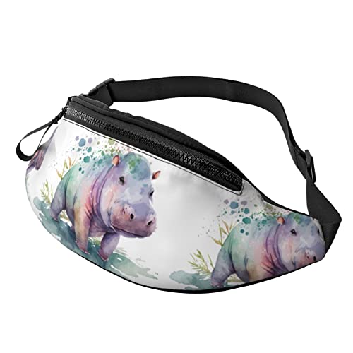 Hippo Aquarell-Hüfttaschen für Herren und Damen, Verstellbarer Gürtel, Sporttasche für Outdoor-Sport, Reisen und Radfahren, Fahrradtasche, Schulterrucksack von FJAUOQ