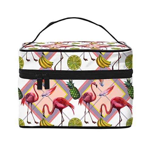 Make-up-Tasche mit Flamingo-Palmblatt-Motiv für Damen,Reise-Kosmetiktasche mit großem Fassungsvermögen,tragbare Kulturtasche,Make-up-Tasche für Mädchen,niedliches Schmuck-Make-up-Pinsel-Organizer von FJAUOQ