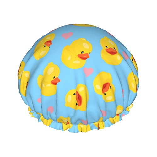 Love Heart Yellow Duck Luxus-Duschhaube für Damen,wasserdicht,wiederverwendbar,PEVA-Futter,verstellbarer elastischer Saum für alle langen Haare,Bademütze von FJAUOQ