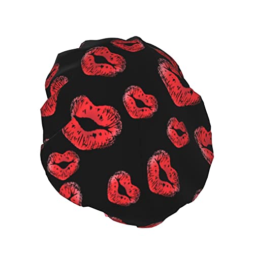 Love Red Lip Print Duschhaube für Damen,wasserdicht,wiederverwendbar,PEVA-Futter,atmungsaktiv,verstellbarer elastischer Saum für alle langen Haare,Bademütze von FJAUOQ