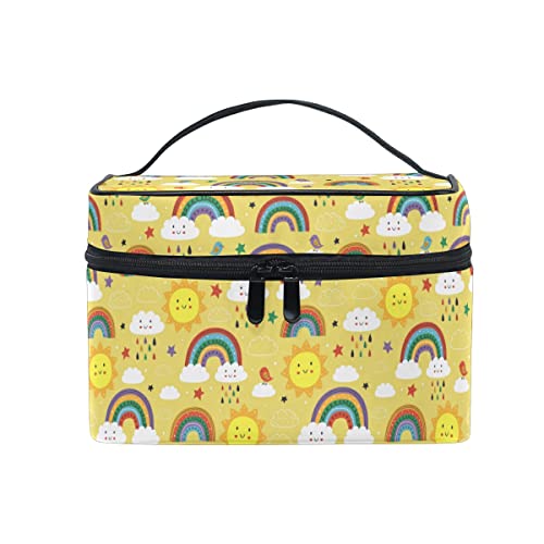 Make-up-Taschen, gelbes, niedliches Regenbogen-Wolken-Vogel- und Sonnen-Reise-Make-up-Organizer-Taschen-Make-up-Etui, Kosmetik-Kulturbeutel für Mädchen, Frauen, Damen von FJAUOQ