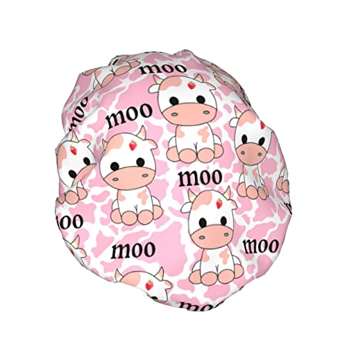 Moo Pink Cow Print Duschhaube für Damen,wasserdicht,wiederverwendbar,PEVA-Futter,verstellbarer elastischer Saum für alle langen Haare,Bademütze von FJAUOQ