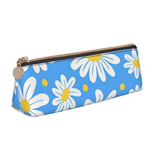 Niedliche Gänseblümchen Blumen Blau Bleistift Tasche Dreieck Stift Fall Tragbare Bleistift Tasche Leder Organizer mit Reißverschluss Kosmetiktasche Tasche, blau, Einheitsgröße, federmäppchen von FJAUOQ