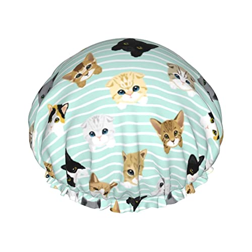 Niedliche Katzen-Duschhaube für Frauen, wiederverwendbar, wasserdicht, doppellagig, mit PEVA-Futter und elastischem Band, für Frauen und Mädchen, langes Haar von FJAUOQ