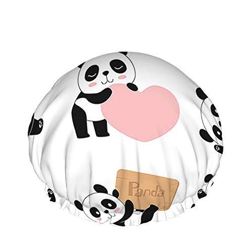 Panda Duschhaube Niedliches Tier Schwarz Weiß Baby Pandas mit Geschenk Wort Krähe Herz Große Badekappen für Frauen Männer Mädchen Langhaar Wasserdicht Wiederverwendbar Hüte von FJAUOQ