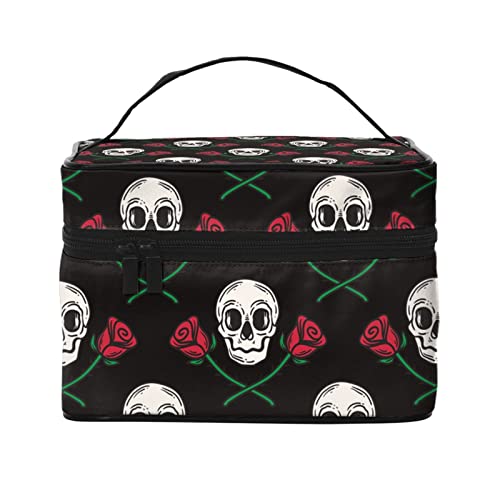 Totenkopf-Rosen-Make-up-Tasche für Frauen,großes Fassungsvermögen,Reise-Kosmetiktasche,tragbare Kulturtasche,Make-up-Tasche für Mädchen,niedlicher Schmuck-Make-up-Pinsel-Organizer,Geschenke für F von FJAUOQ