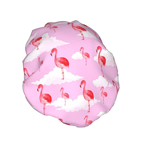 Pinker Flamingo-Duschhaube für Damen, wasserdicht, waschbar, wiederverwendbar, PEVA-Futter, verstellbarer elastischer Saum, für alle langen Haare, Badekappen von FJAUOQ