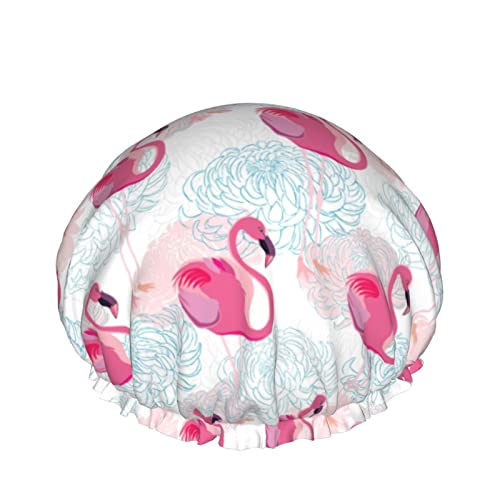 Pinker Flamingo-Duschhaube für Frauen, Schichten, Baden, Dusche, wiederverwendbar, elastisches Band, Stretch-Saum, Haarhut von FJAUOQ