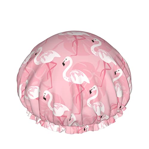 Pinker Flamingo-Duschhaube für Frauen, Schichten, Baden, Dusche, wiederverwendbar, elastisches Band, Stretch-Saum, Haarhut von FJAUOQ