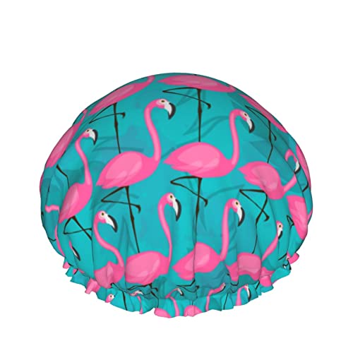 Pinker Flamingo-Duschhaube für Frauen, Schichten, Baden, Dusche, wiederverwendbar, elastisches Band, Stretch-Saum, Haarhut von FJAUOQ