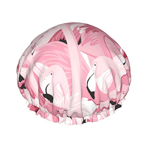 Pinker Flamingo-Duschhut für Damen, doppelte wasserdichte Schichten, groß, entworfen für alle Haare von FJAUOQ