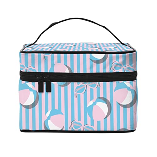 Rosa-Blaue Strandball-Make-up-Tasche für Frauen,Reise-Kosmetiktasche mit großem Fassungsvermögen,tragbare Kulturtasche,Make-up-Tasche für Mädchen,niedliches Schmuck-Make-up-Pinsel-Organizer-Etui, von FJAUOQ