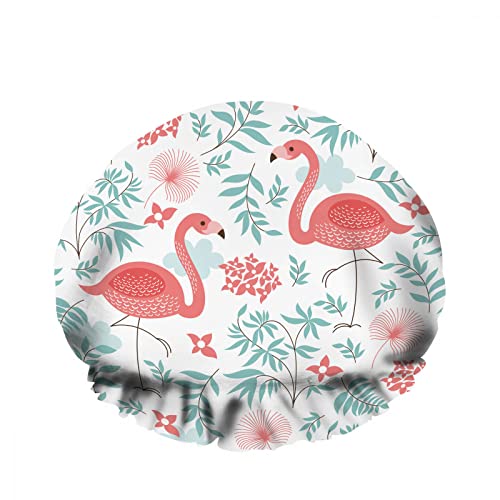 Rosa Flamingos Bad Haar Kappe Exotische Vogel Floral Tropische Grüne Blatt Pflanze Wiederverwendbare Duschhauben Hotel Reise Essentials Zubehör für Frauen Mädchen Haarpflege von FJAUOQ