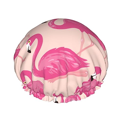 Rosa Flamingos Duschhaube, große Duschhauben für Frauen, langes Haar, wiederverwendbar, doppelte wasserdichte Schichten, Bade-Duschhut von FJAUOQ