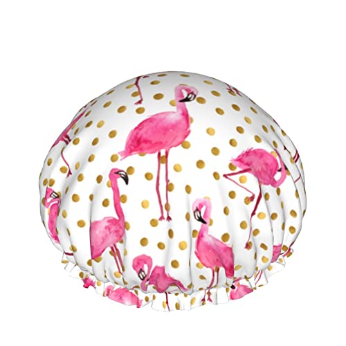 Rosa Flamingos mit goldenen Punkten Textur Duschhaube für Frauen, Schichten Baden Dusche Wiederverwendbare Gummiband Stretch Hem Haar Hut von FJAUOQ