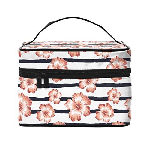 Rosa Hibiskusblüten gestreift Make-up-Tasche für Frauen,große Reisekosmetiktasche,tragbare Kulturtasche,Make-up-Tasche für Mädchen,niedlicher Schmuck-Make-up-Pinsel-Organizer,Geschenke für Frauen von FJAUOQ