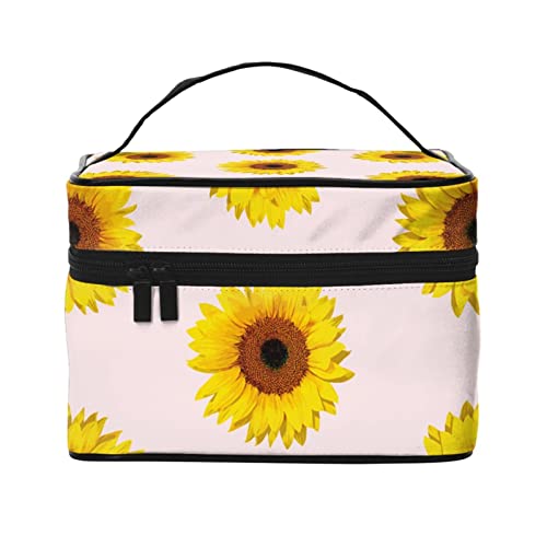 Rosa Sonnenblumen-Make-up-Tasche für Frauen,großes Fassungsvermögen,Reise-Kosmetiktasche,tragbare Kulturtasche,Make-up-Tasche für Mädchen,niedliches Schmuck-Make-up-Pinsel-Organizer-Etui,Geschenk von FJAUOQ