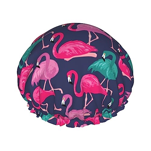 Rosa und grüne Flamingos Duschhaube, große Duschhauben für Frauen, langes Haar, wiederverwendbar, doppelte wasserdichte Schichten, Bade-Duschhut von FJAUOQ