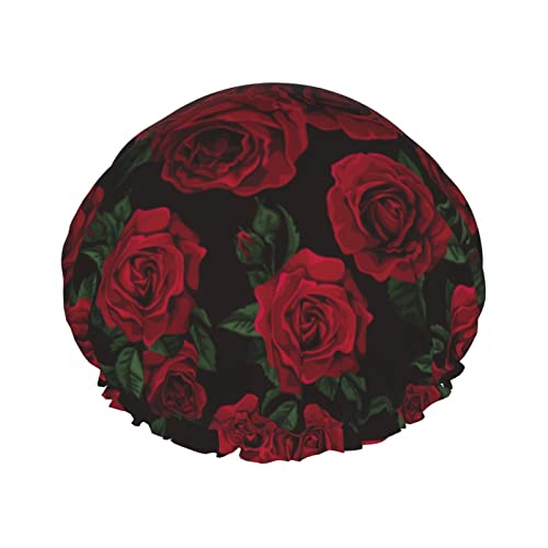 Wiederverwendbare Duschhaube und Badehaube, rote Rose, wasserdicht, gefüttert, wasserdicht, groß, entworfen für alle Haarlängen, mit PEVA-Futter und elastischem Band, Stretch-Saum, Haarhut für Damen von FJAUOQ