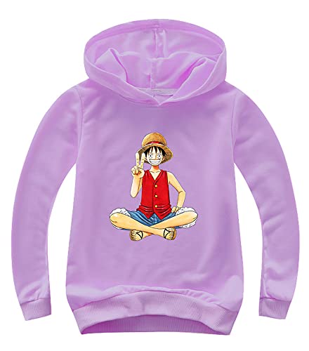 One Piece Pullover Mädchen Hoodie 3D Druck Cartoon Langarm Luffy Ace Anime Herren Outwear Kapuzenpullover-5394Purple-140 von FJHYEEBN