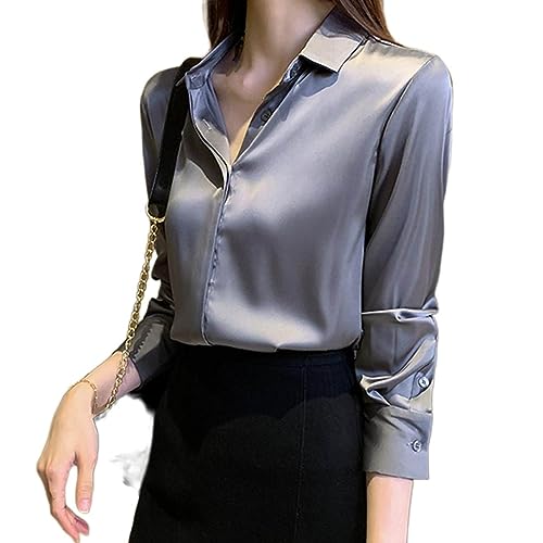 Damen Casual Shirts - Mode Damen Satin Seide Hemden Frühling Herbst Büro Damen Slim Pullover Grau Revers Langarm Top Elegante Streetwear Business Geschenke, Grau, S von FJIAOXINPONG