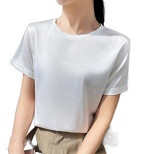 Sommer-Rundhals-T-Shirt – Damen-Satin-Kurzarm-T-Shirt, Schwarzes, Modisches, Dünnes Tunika-Oberteil, Seiden-Basic-Shirt, T-Shirt, Elegantes Büro-Damen-Business-Party-Top, Lässiges Basisschicht- von FJIAOXINPONG