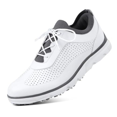 FJJLOVE Golfschuhe für Herren Bequeme rutschfeste Flache Sportschuhe zum Golfen Leichte Wanderschuhe,Weiß,45 EU von FJJLOVE