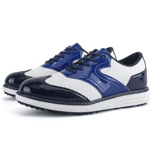FJJLOVE Herren Golfschuhe Spikeless Leder Golfschuhe rutschfest Low Top Komfort Casual Wanderschuhe Große Größe,Blau,44 EU von FJJLOVE