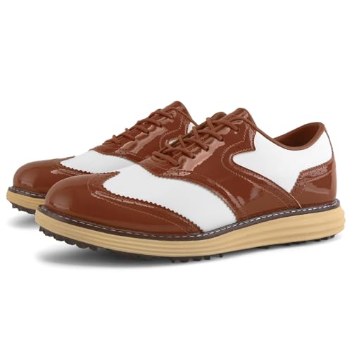 FJJLOVE Herren Golfschuhe Spikeless Leder Golfschuhe rutschfest Low Top Komfort Casual Wanderschuhe Große Größe,Braun,42 EU von FJJLOVE