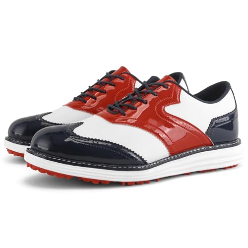 FJJLOVE Herren Golfschuhe Spikeless Leder Golfschuhe rutschfest Low Top Komfort Casual Wanderschuhe Große Größe,Rot,44 EU von FJJLOVE