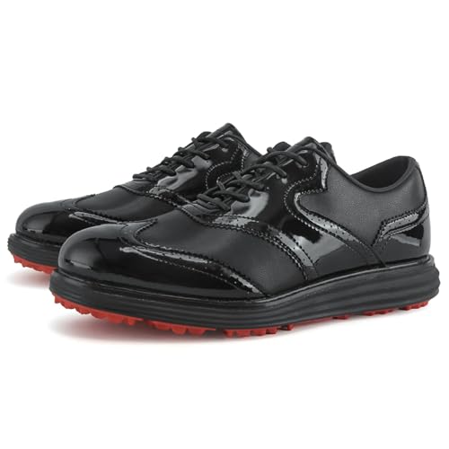 FJJLOVE Herren Golfschuhe Spikeless Leder Golfschuhe rutschfest Low Top Komfort Casual Wanderschuhe Große Größe,Schwarz,41 EU von FJJLOVE