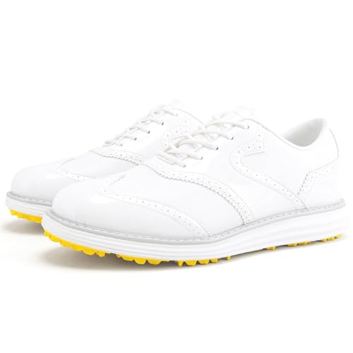 FJJLOVE Herren Golfschuhe Spikeless Leder Golfschuhe rutschfest Low Top Komfort Casual Wanderschuhe Große Größe,Weiß,46 EU von FJJLOVE