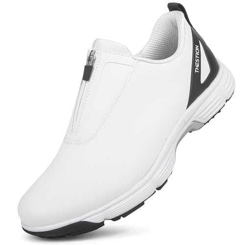 FJJLOVE Herren Golfschuhe mit Reißverschluss rutschfeste Sportschuhe für das Golfen im Freien Anti Rutsch wasserdichte Wanderschuhe Große Größe,Weiß,47 EU von FJJLOVE