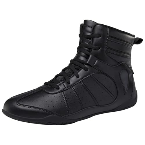 FJJLOVE Männer Box- und Ringer-Schuhe, Leder Knöchelstütze, rutschfeste Trainings- und Wettkampf-Stiefel, Bequeme Kickbox-Kampfschuhe,Schwarz,39 EU von FJJLOVE