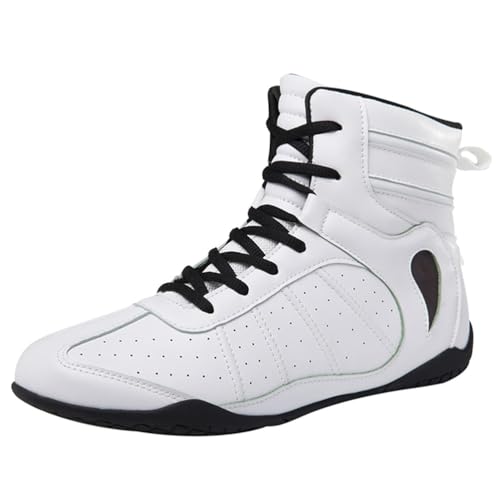 FJJLOVE Männer Box- und Ringer-Schuhe, Leder Knöchelstütze, rutschfeste Trainings- und Wettkampf-Stiefel, Bequeme Kickbox-Kampfschuhe,Weiß,45 EU von FJJLOVE