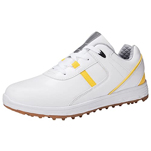 FJJLOVE wasserdichte Leder-Golfschuhe Spikeless Lace-Up Golf-Turnschuhe Outdoor Anti-Rutsch-Wanderschuhe Für Golfer,Gelb,42 EU von FJJLOVE