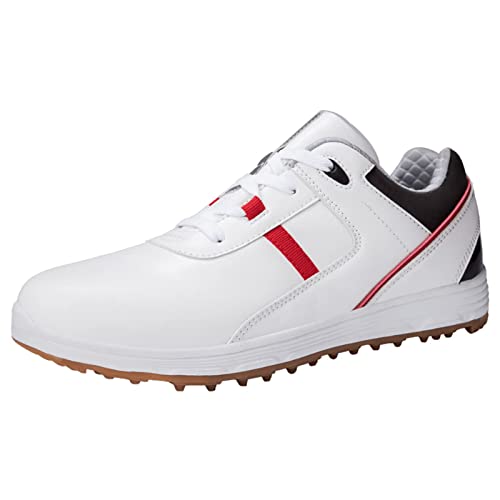 FJJLOVE wasserdichte Leder-Golfschuhe Spikeless Lace-Up Golf-Turnschuhe Outdoor Anti-Rutsch-Wanderschuhe Für Golfer,Rot,38 EU von FJJLOVE