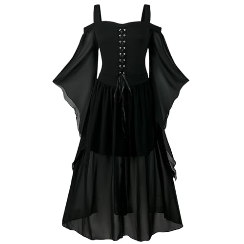 FJKVKDT Damen Mittelalter Kleid Mit Trompetenärmel Renaissance Mittelalter Kostüm Korsett für Halloween Viktorianisches Kleid (Stil-3, 3XL) von FJKVKDT
