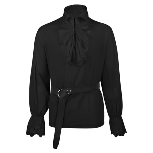 FJKVKDT Hemd Mittelalter Vintage Kostüm Rüschenhemd Herren,Piratenhemd für Herren, Halloween Karneval Kostüm Klassisches Retro Renaissance gekräuselt Tops Enthält Gürtel (Schwarz, M) von FJKVKDT