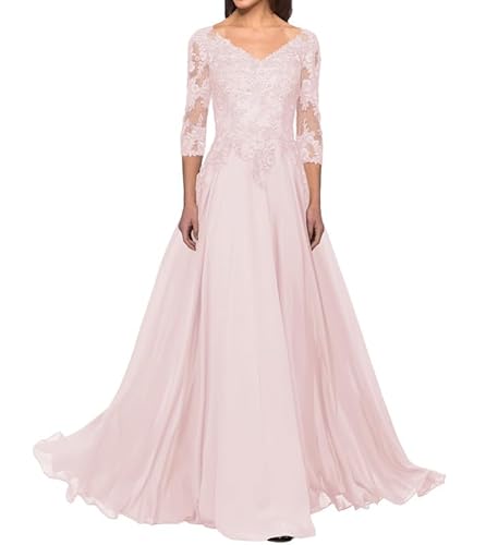 FJLESWRT Abendkleider Elegant für Hochzeit Spitze Brautmutterkleider mit Ärmel Lang Chiffon Hochzeitsgast Kleid V-Ausschnitt Blush 40 von FJLESWRT