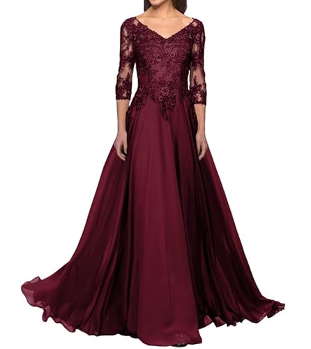 FJLESWRT Abendkleider Elegant für Hochzeit Spitze Brautmutterkleider mit Ärmel Lang Chiffon Hochzeitsgast Kleid V-Ausschnitt Burgund 40 von FJLESWRT