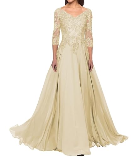 FJLESWRT Abendkleider Elegant für Hochzeit Spitze Brautmutterkleider mit Ärmel Lang Chiffon Hochzeitsgast Kleid V-Ausschnitt Champagner 36 von FJLESWRT